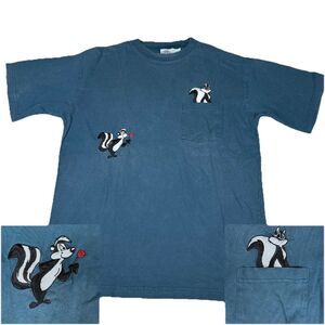 Vintage Looney Tunes Pepe Le Pew Shirt L Y2K Pocket Tee Embroidered Skunk Blue